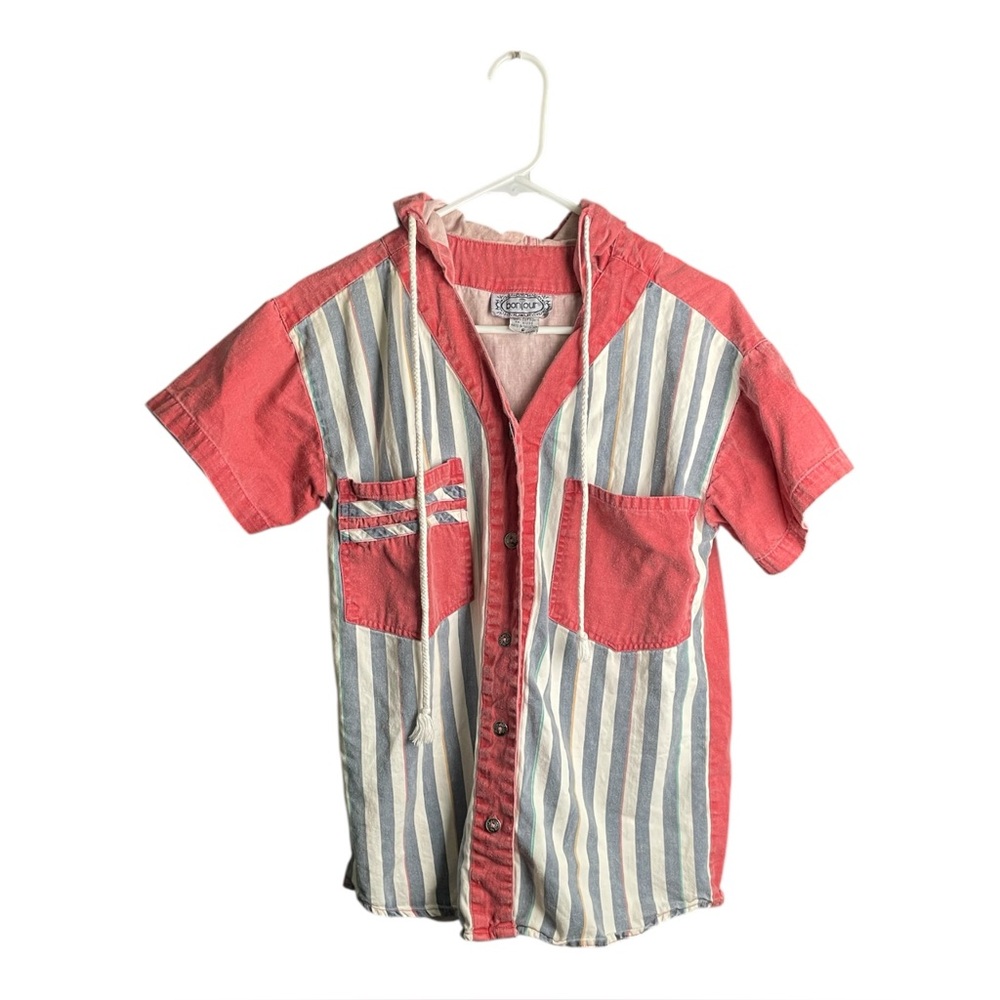 Vintage Grunge Skater Small Striped Hooded Button Up Shirt Small